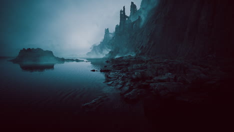 mysterious coastal landscape with fog and rugged cliffs reflecting on water