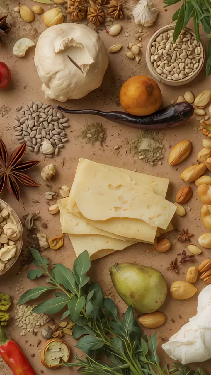 Video verticale: panoramica della camera, centratura della pila di formaggio, della palla e della pera su carta kraft per mostrare il cibo