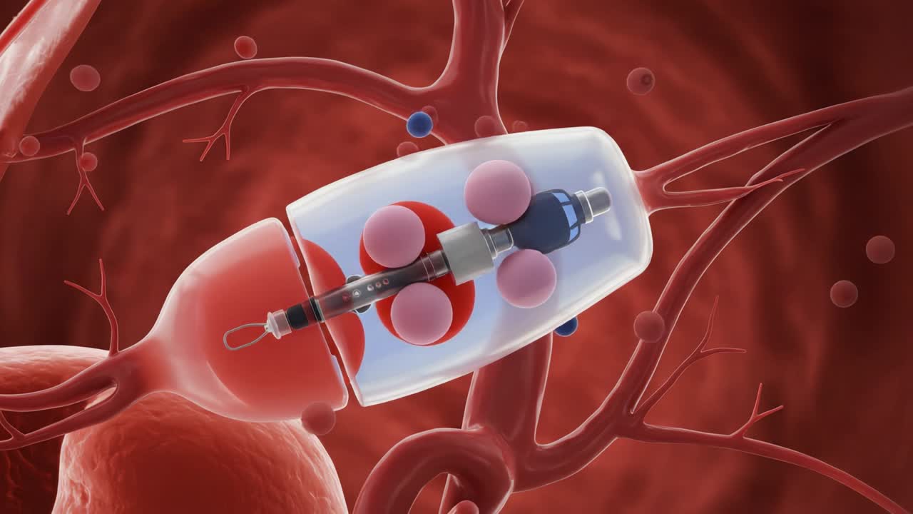 Intricate Visualization of a Microscopic Device Embedded Among Blood Cells, Illustrating Advanced Biomedical Technologies for Drug Delivery and Medical Applications