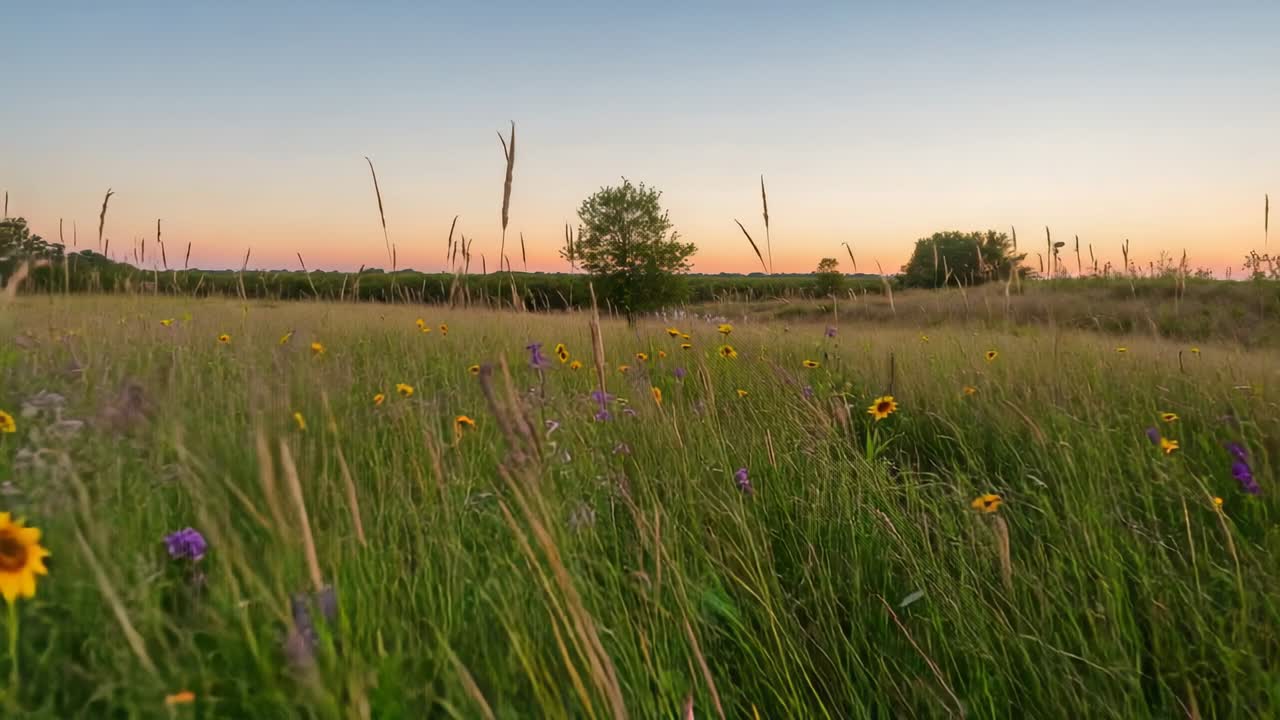 Panorointikamera liikkuu eteenpäin ruohoniityllä hämärässä ja paljastaa keltaisia ja purppuranvärisiä kukkia