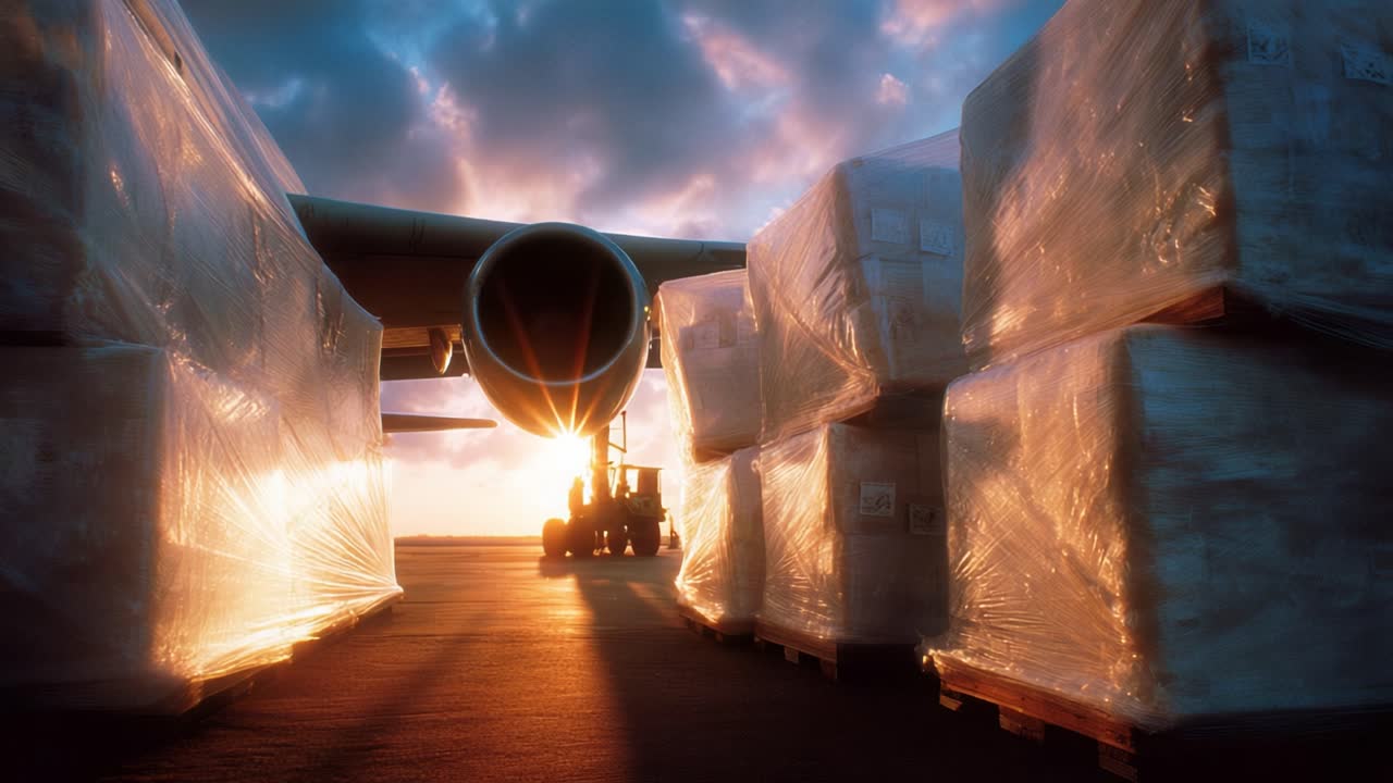 Efficient Cargo Handling under Sunrise: A Visual Journey of Loaded Pallets and Aircraft, Showcasing the Essence of Logistics and Freight Operations in Action