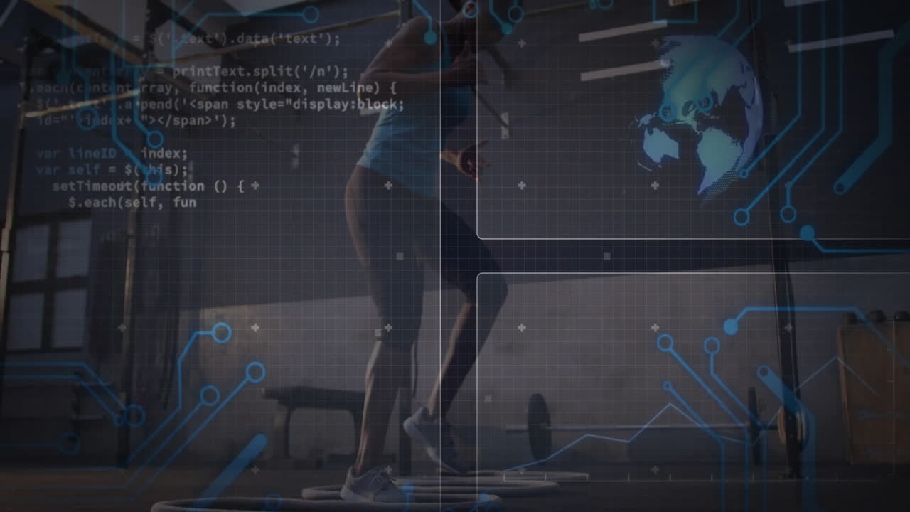 Female athlete performing ring footwork drill in gym, showing fitness tech, circuit lines and globe