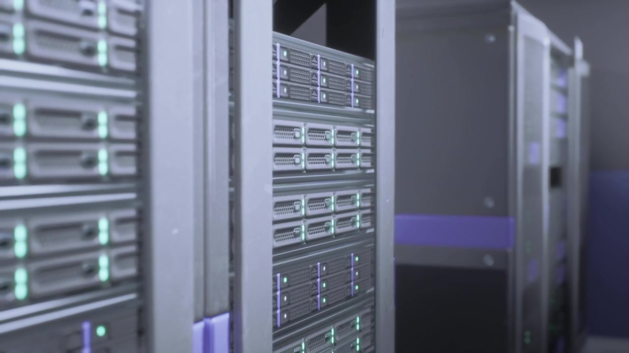 Slankt sort kabinet, der rummer servermoduler med glødende statuslamper