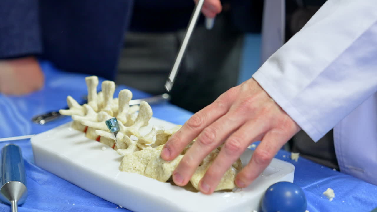Little pieces of plastic spine dummy are cut by the medical tool. Educator demonstrates application of tools for students. Neurosurgery training.