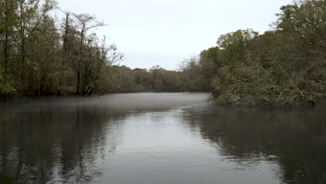 Dramatic-looking-fog-over-Edisto-river-in-a-gray-autumn-day-flowing-thru-a-forest-that-has-lost-leaves-to-autumn-weather