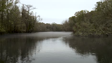 Espectacular-Niebla-Sobre-El-Río-Edisto-En-Un-Día-Gris-De-Otoño-Que-Fluye-A-Través-De-Un-Bosque-Que-Ha-Perdido-Hojas-Debido-Al-Clima-Otoñal