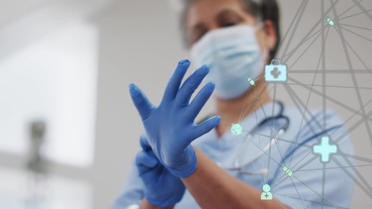 Healthcare professional wearing gloves with medical network animation over background