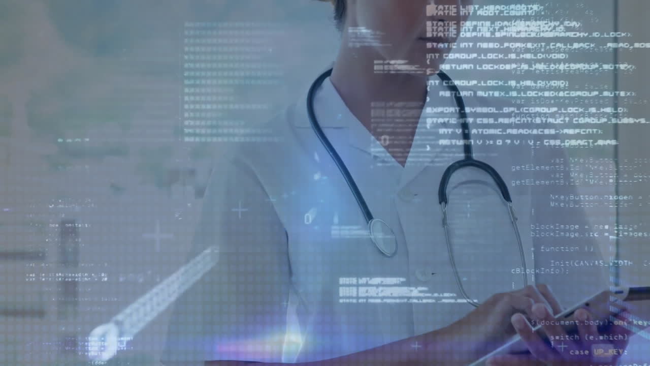 animación de procesamiento de datos de codificación binaria sobre una doctora caucásica