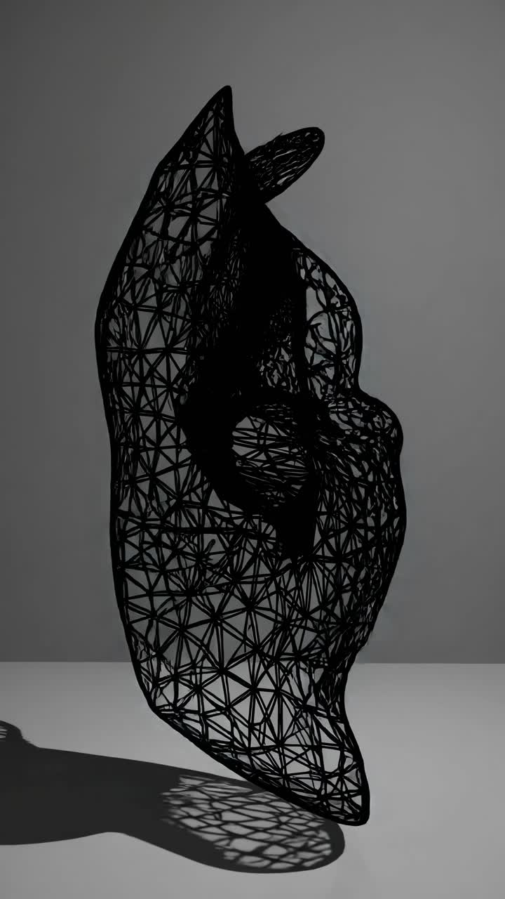 Abstrakt wireframe-skulptur af et ansigt, set fra siden. Optaget fra en lav engel, der kaster indviklede skygger