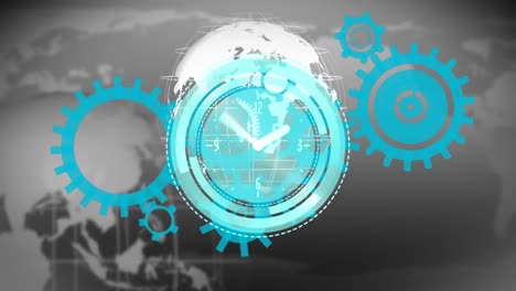 Neon-blue-clock-ticking-over-spinning-globe-against-world-map-on-grey-background