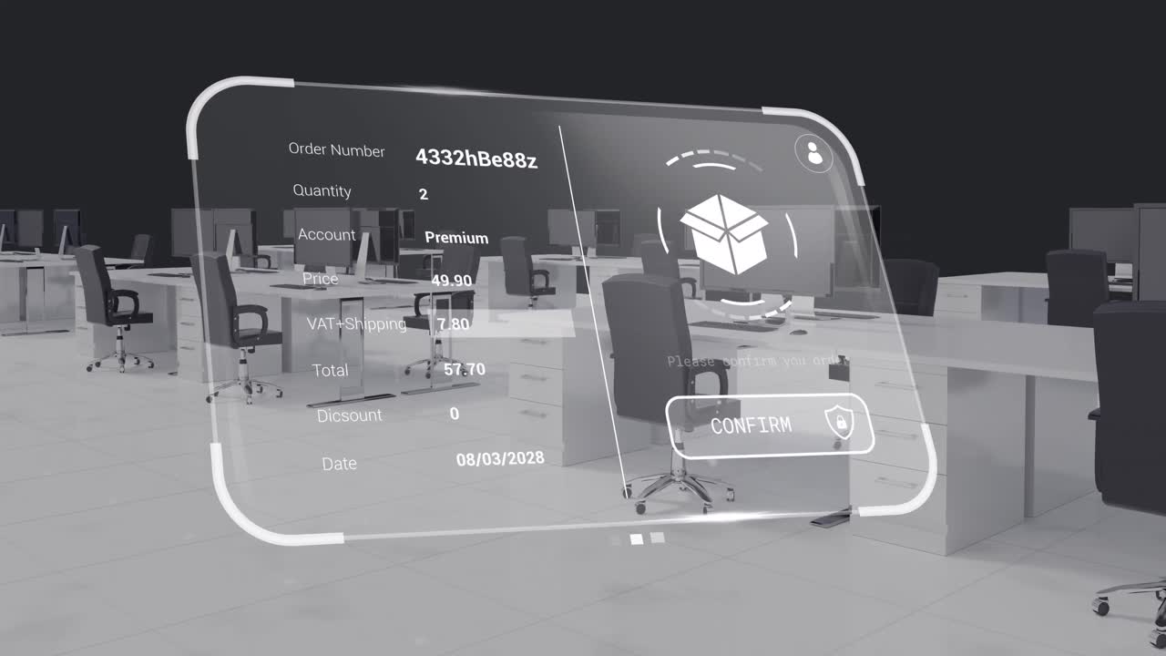 Animation of digital interface with data processing over office interior with desks and computers
