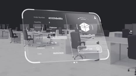 animation of digital interface with data processing over office interior with desks and computers