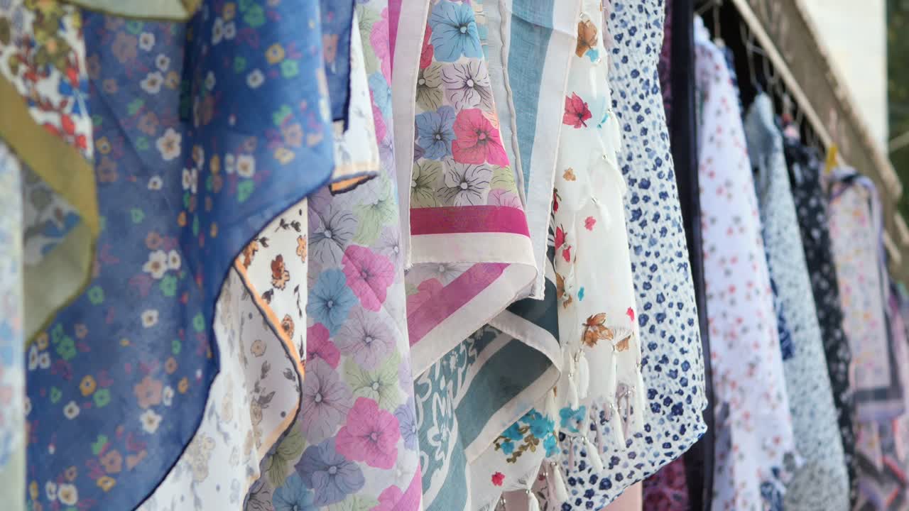 Colorful Printed Scarves Hanging for Sale