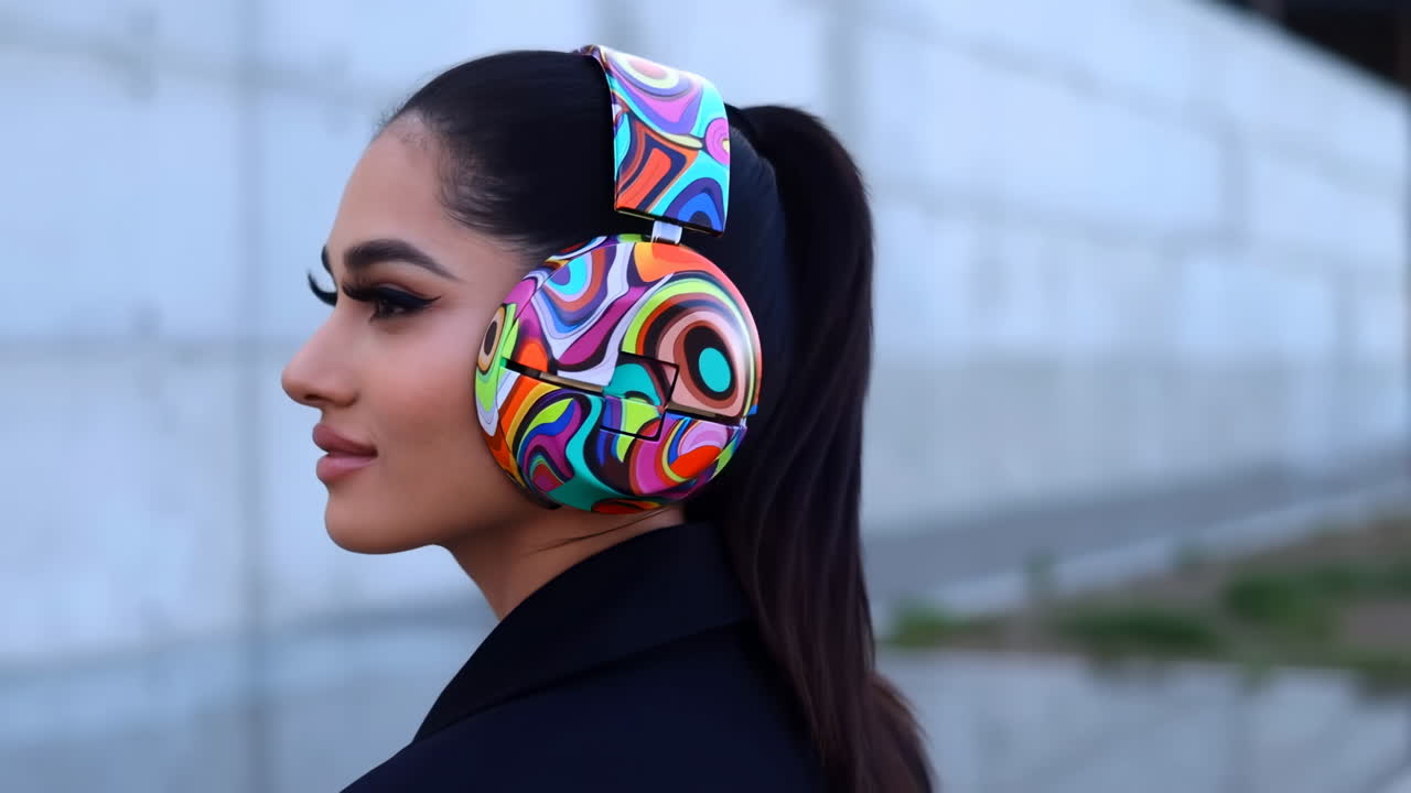 Giovane donna con cuffie colorate all'aperto. Ritratto urbano di un'influencer sicura di sé, con un look a fantasia audace.