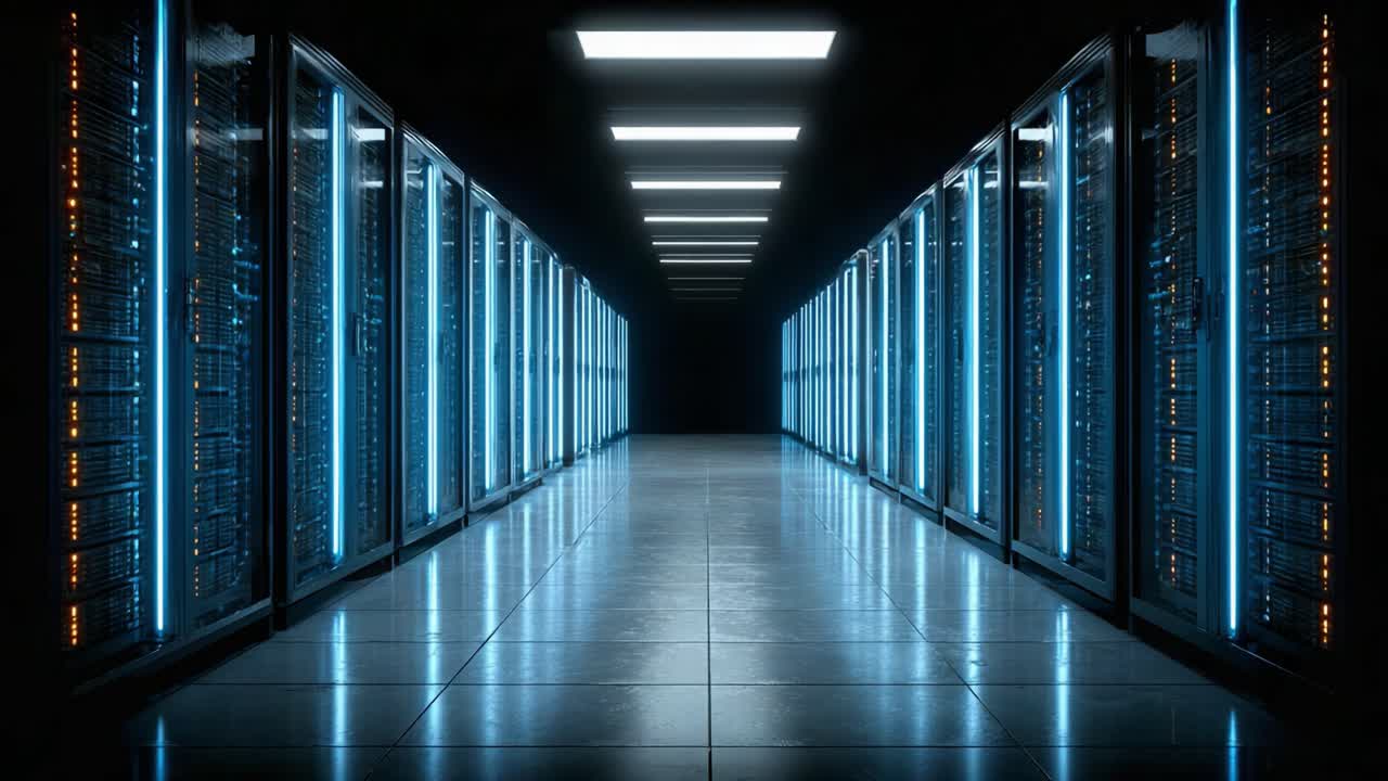 A Stunning View of an Advanced Data Center with Illuminated Server Racks and Smooth Floor Reflections Showcasing Modern Technology Infrastructure