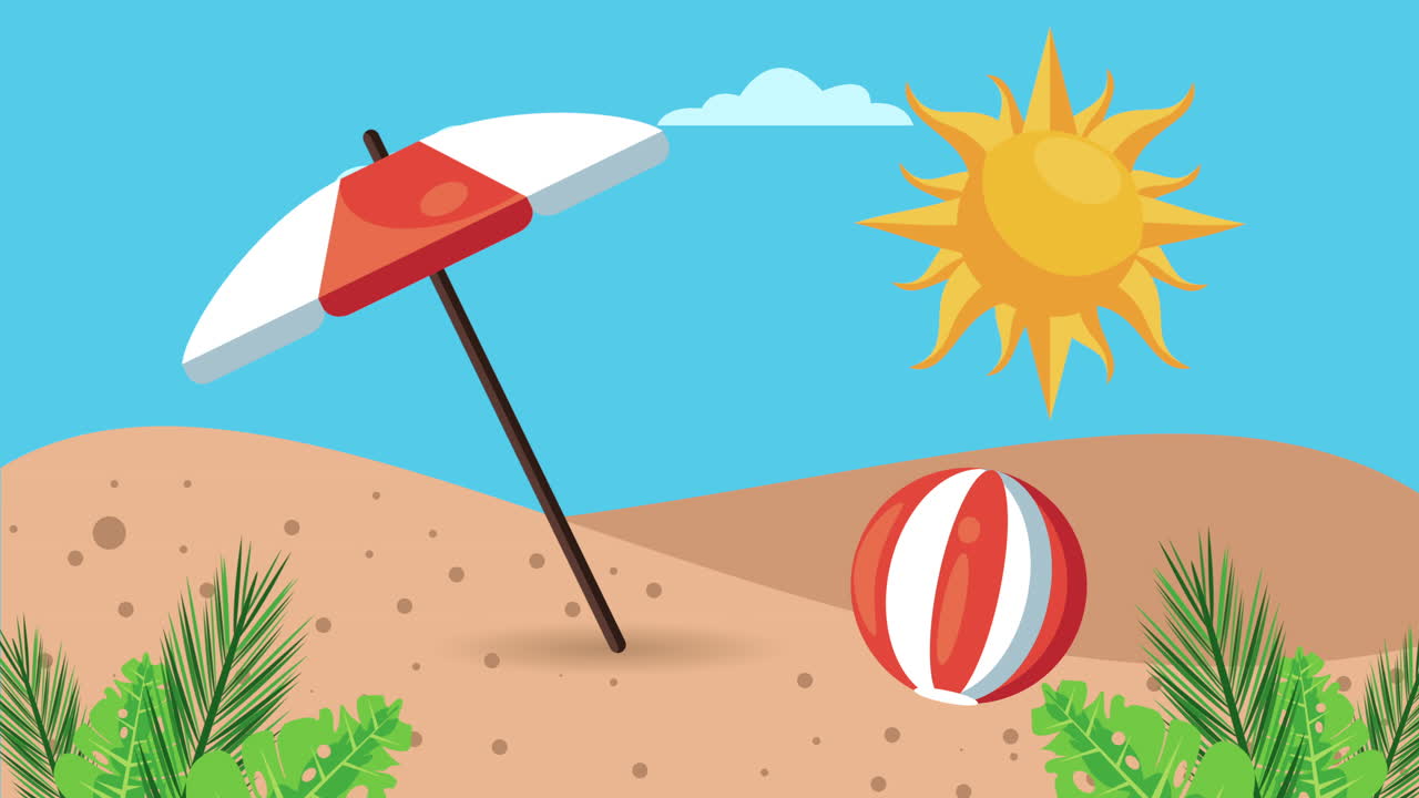 temporada de vacaciones de verano con paraguas y globos en la playa