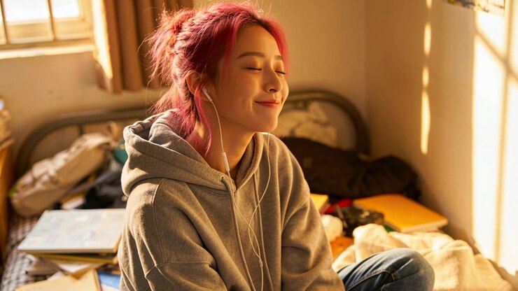 Listening student with pink hair sitting on bed in grey hoodie and jeans, earphones playing music