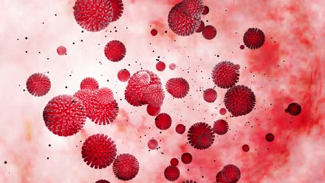 3d model of red coronovirus on mucous membrane. 4k looped smooth animation virus floats in liquid. scientific microbiological background, 3d render of virus. 14
