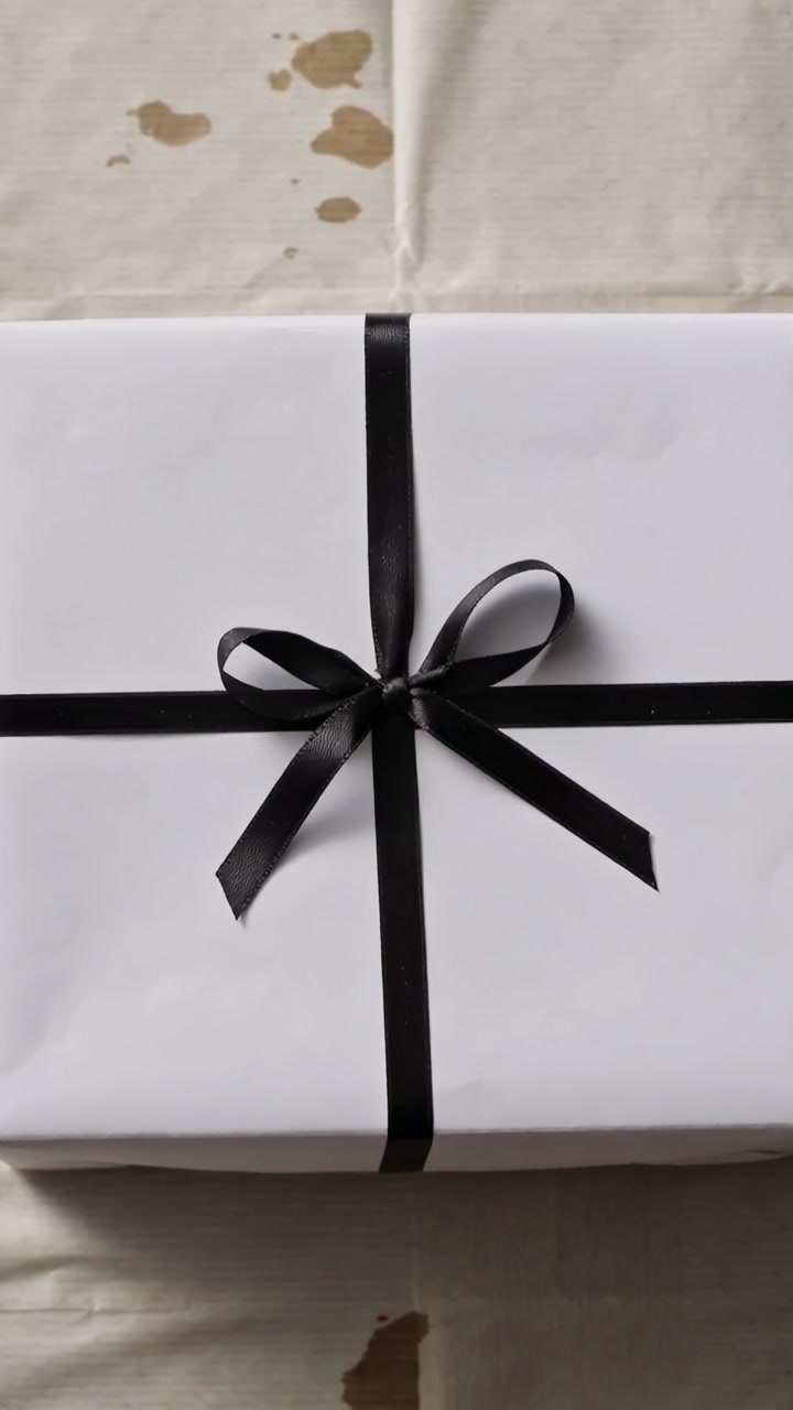 Tying a Black Ribbon Bow on a White Wrapped Gift Box