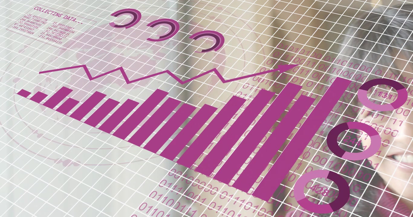 Analista tecnologico che osserva il caricamento della griglia, grafici a barre magenta e indicatori ad anello, raccogliendo e analizzando dati