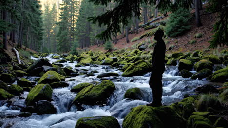 man standing by a mossy mountain stream