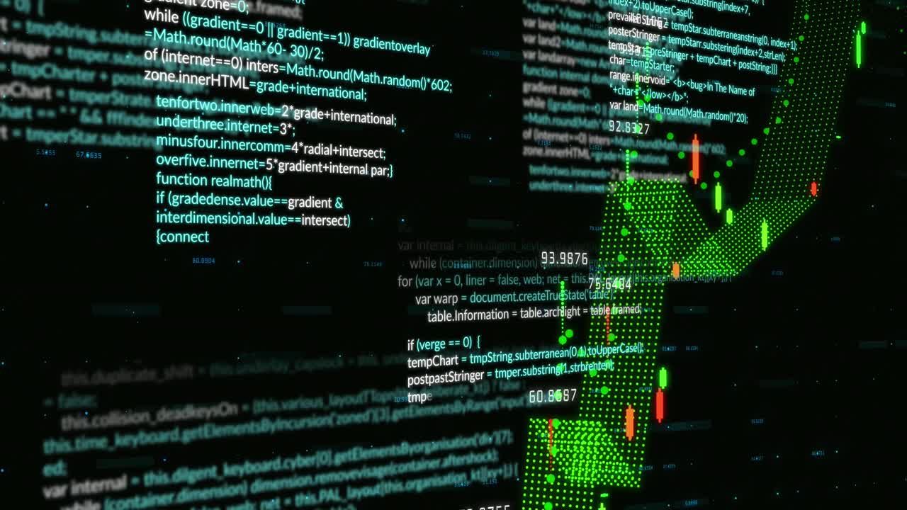 Animation of multitextured pattern forming graphs with programming language against black background