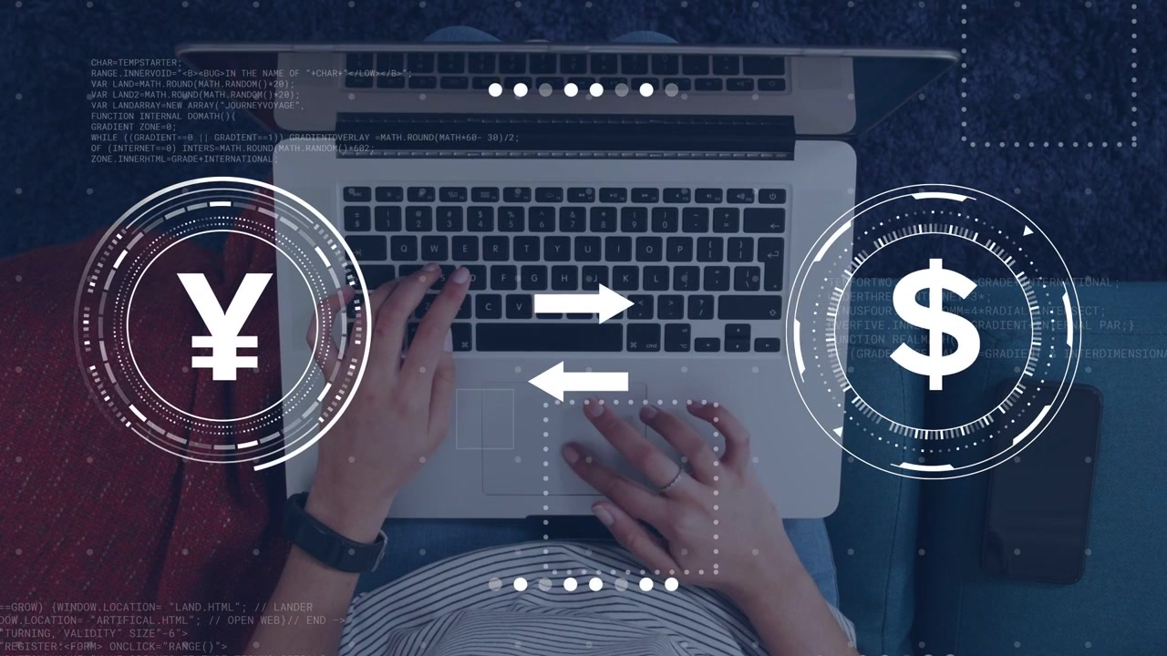 Woman placing hands on keys, activating HUD and typing, animating yen and dollar swap for finance