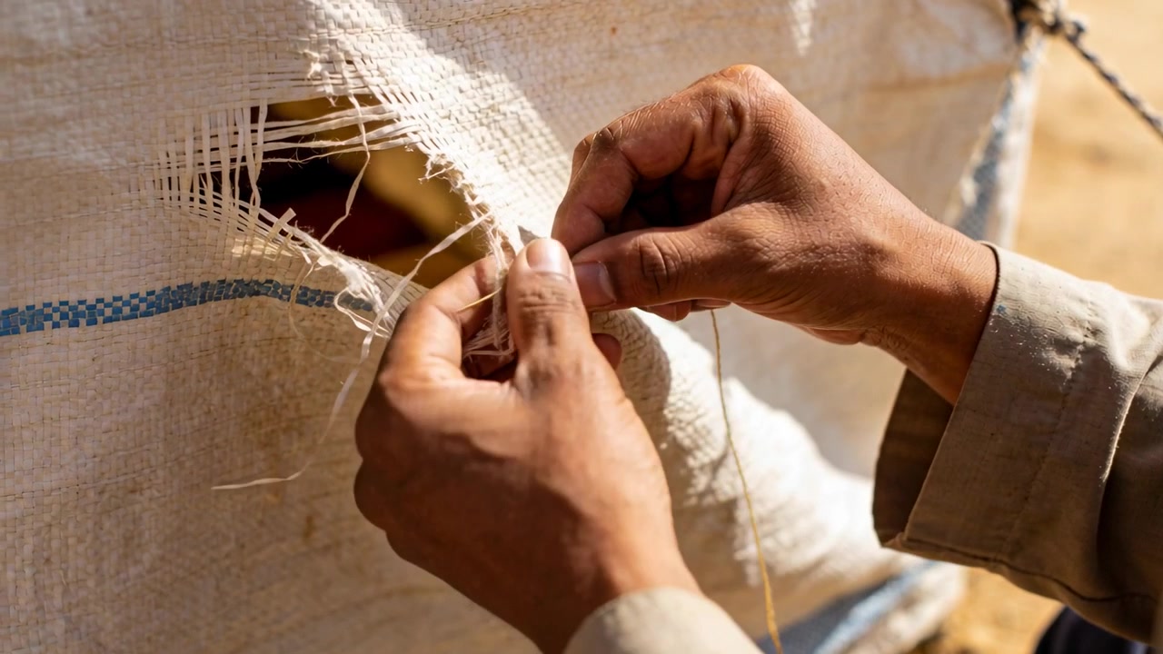 Holding edges apart, man's hands in shirt sewing with thread mending tear in sack, sunlit outdoors