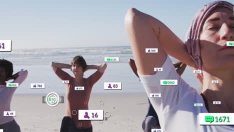 Animation-of-social-media-data-processing-over-diverse-women-exercising-on-beach