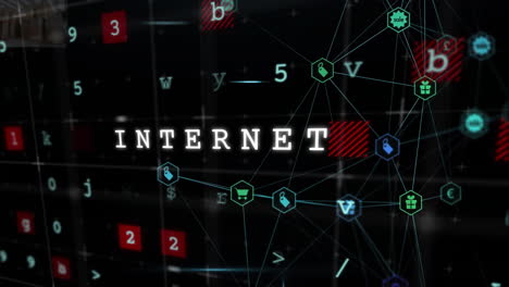 animación del texto de advertencia de virus y procesamiento de datos digitales sobre fondo negro