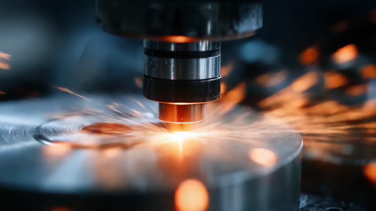Precision Laser Cutting Process Demonstrated in Close-Up, Showcasing Sparks and Metal Transformation in an Industrial Setting