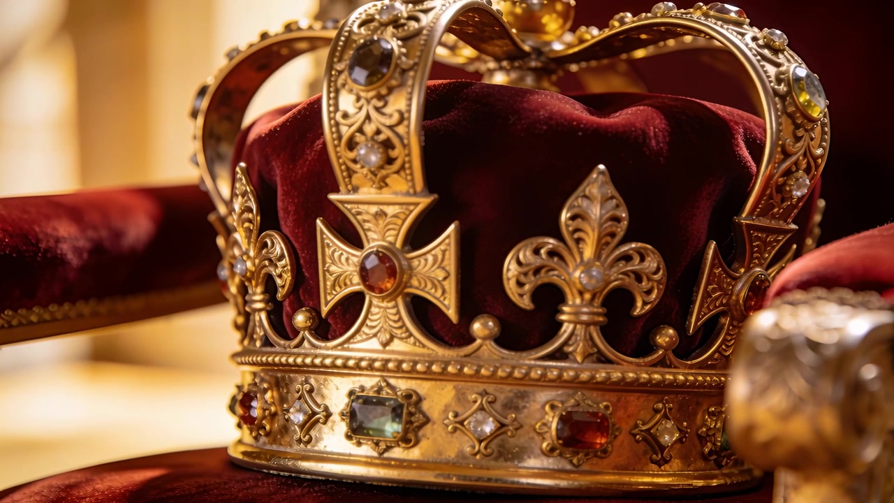 Leggero spostamento della telecamera, una corona d'oro ornata si posa su un cuscino di velluto rosso e mette in risalto le gemme