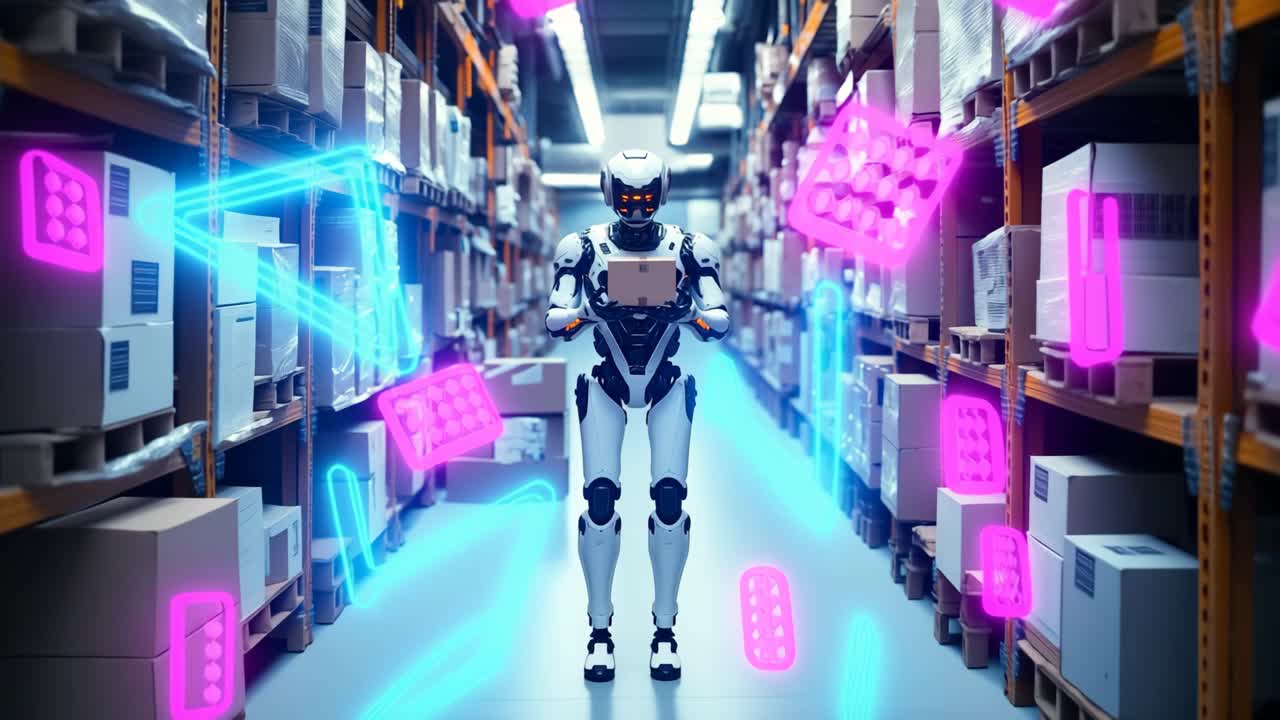 Warehouse robot manages stock. A humanoid robot organizes boxes in a large warehouse illuminated by colorful lights, showcasing advanced technology.