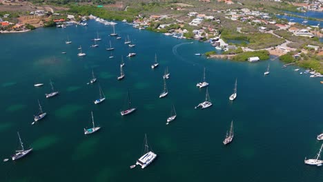 aerial overview of yachts and sailboats anchored in a peaceful bay with turquoise waters and a scenic coastline in the caribbean