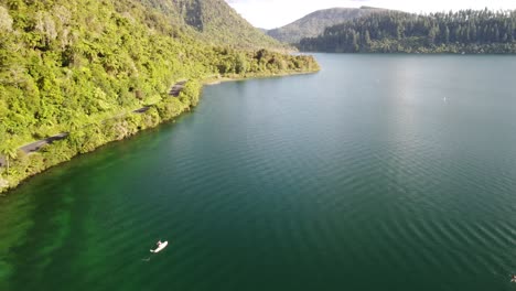 lago azul, camino del bosque de palmeras y turista en paddle bord 4k drone disparado en nueva zelanda