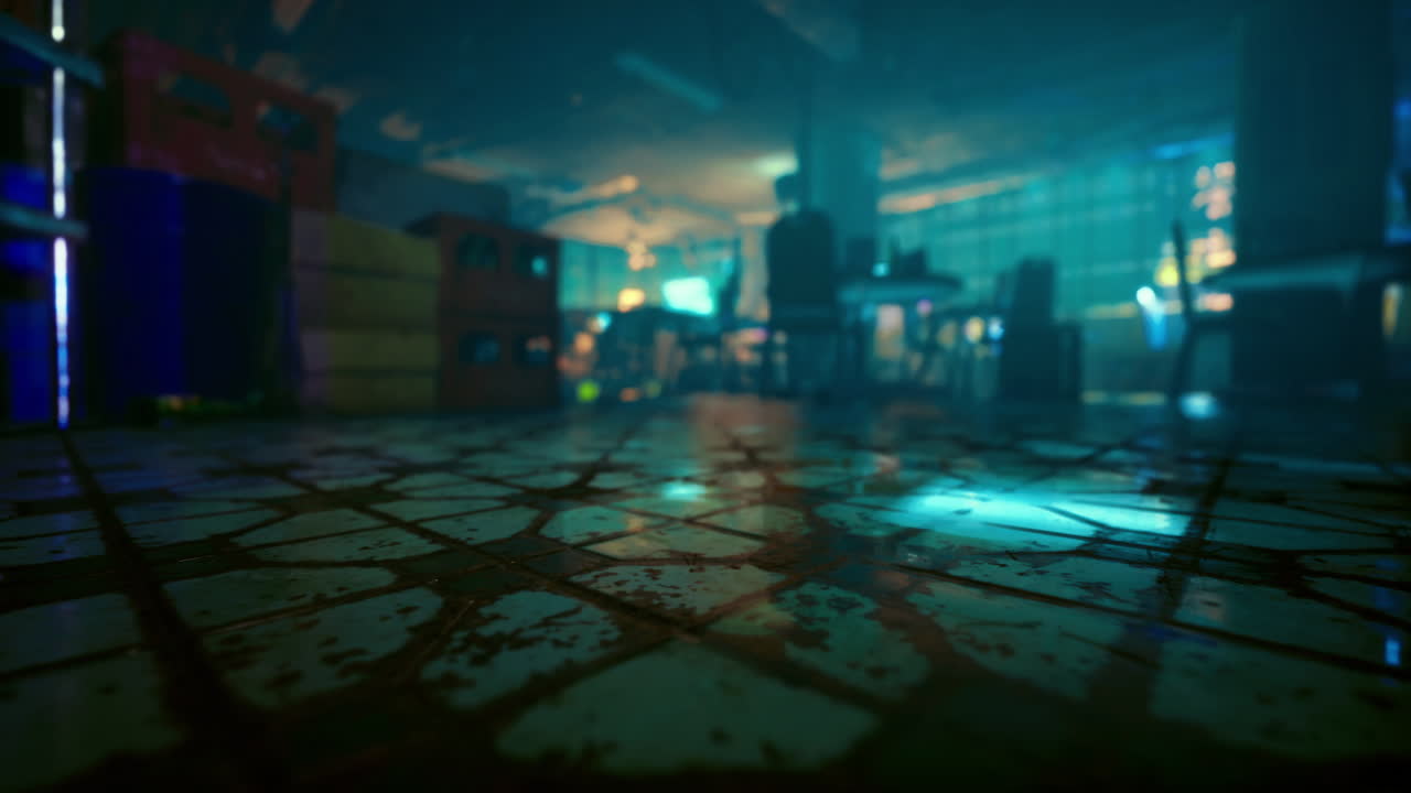 Abandoned warehouse with glowing lights and wet floor at night