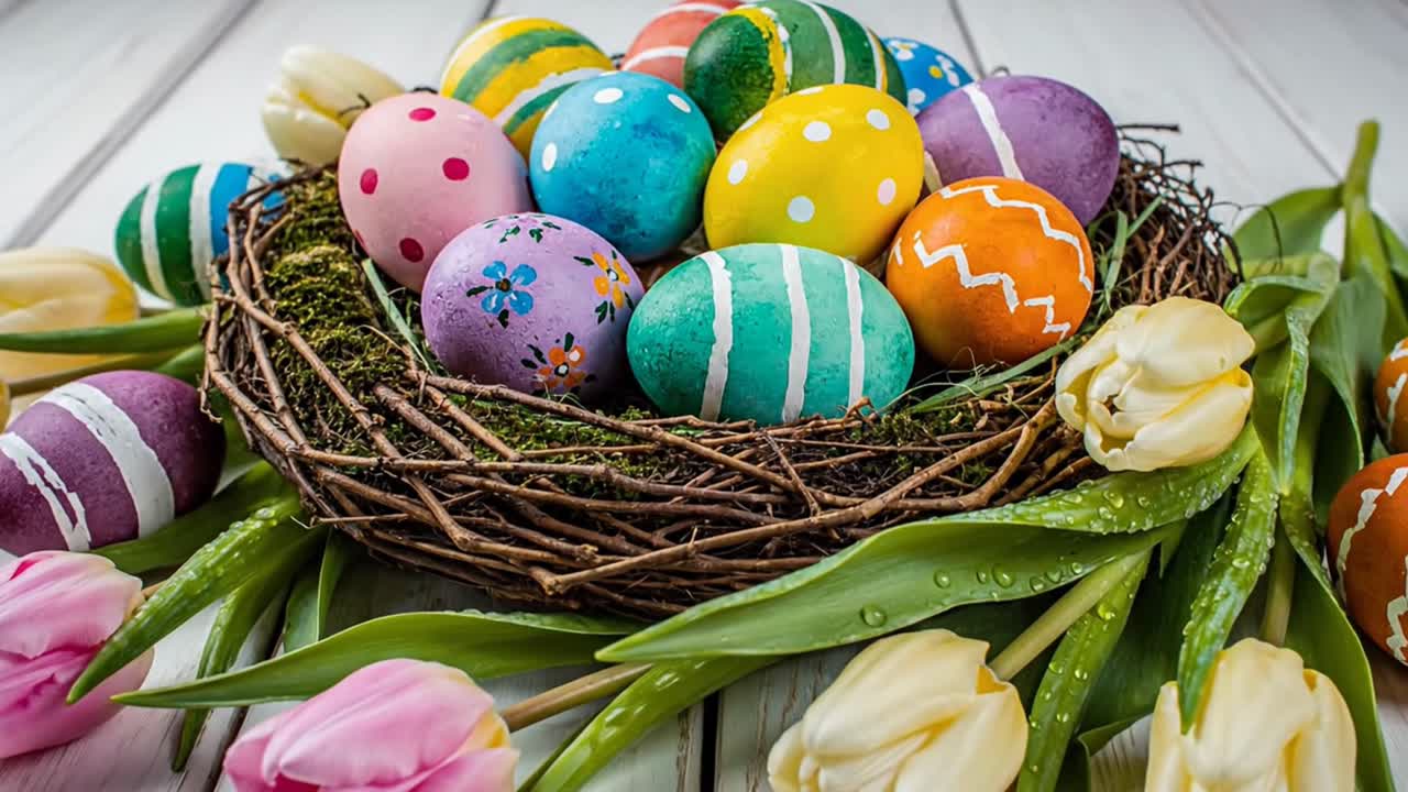 Colorful easter eggs in nest with spring tulips