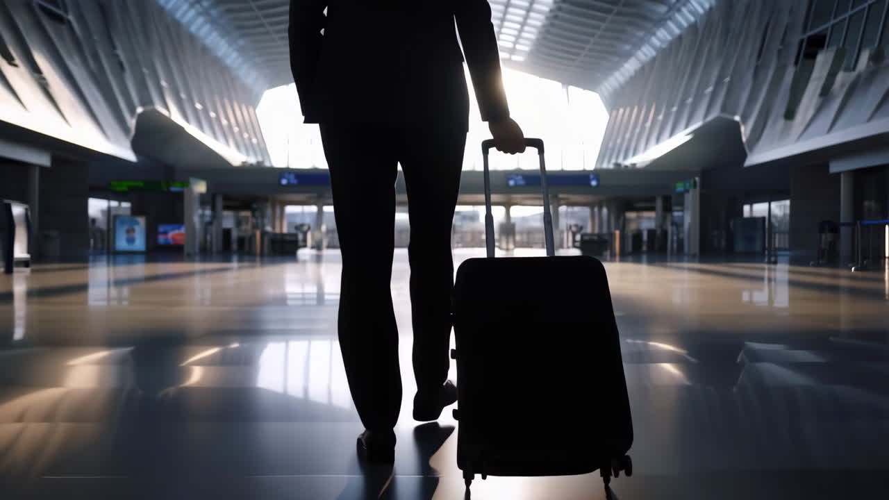 Silhouetted Traveler with Suitcase Walking in Modern Airport Terminal