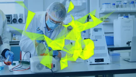 animation of glowing light trails over diverse scientists in laboratory