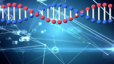 파란색 배경에 연결 네트워크와 함께 회전하는 dna 가닥의 애니메이션
