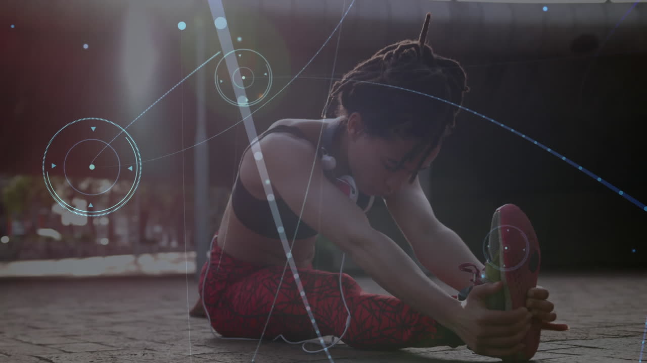 animación de la red de conexiones sobre el estiramiento de la mujer en forma