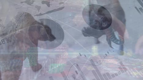 animation of financial data processing over bear and bull and casino