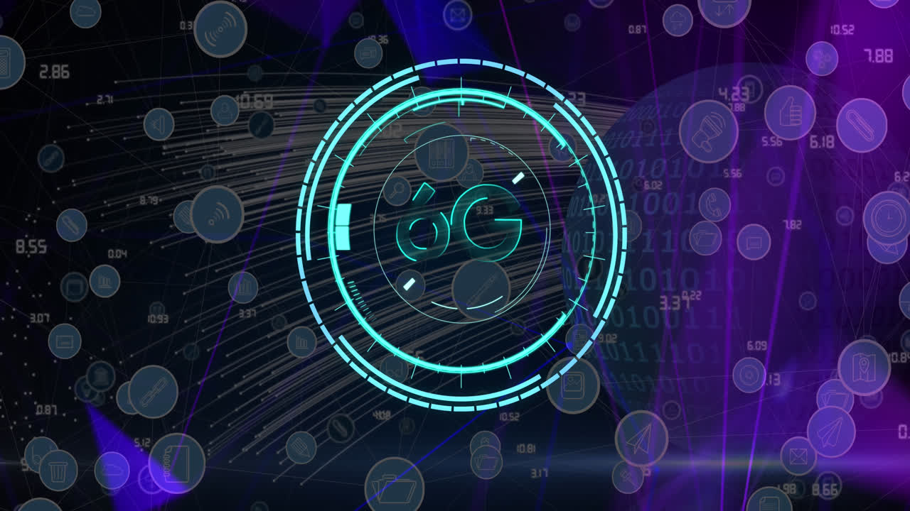 Animation of 6g text over icons and globe