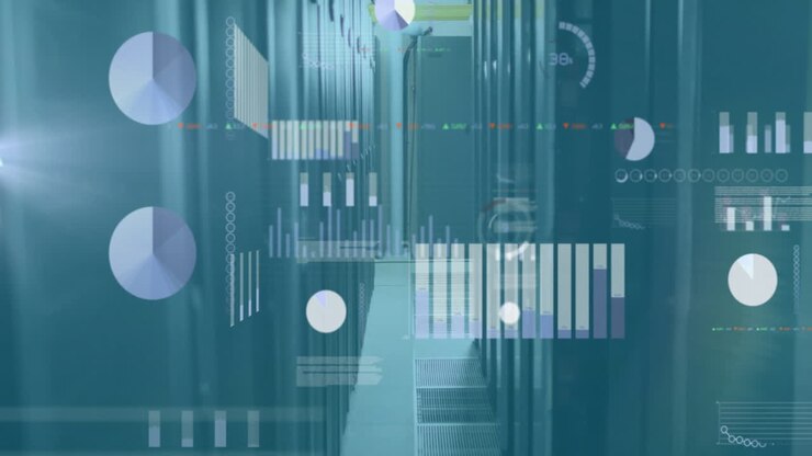 Animation of financial data processing over server room