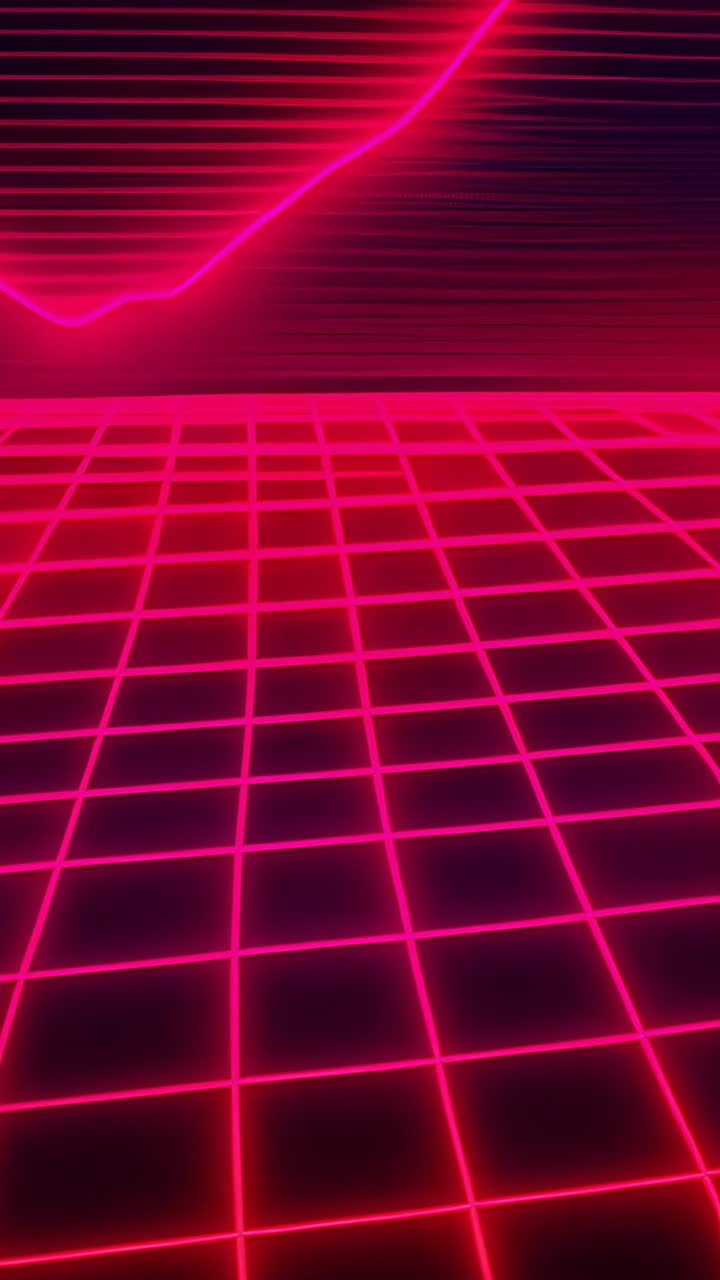 Vertical video: Opening displaying neon pink wireframe grid floor with glowing line graph ascending