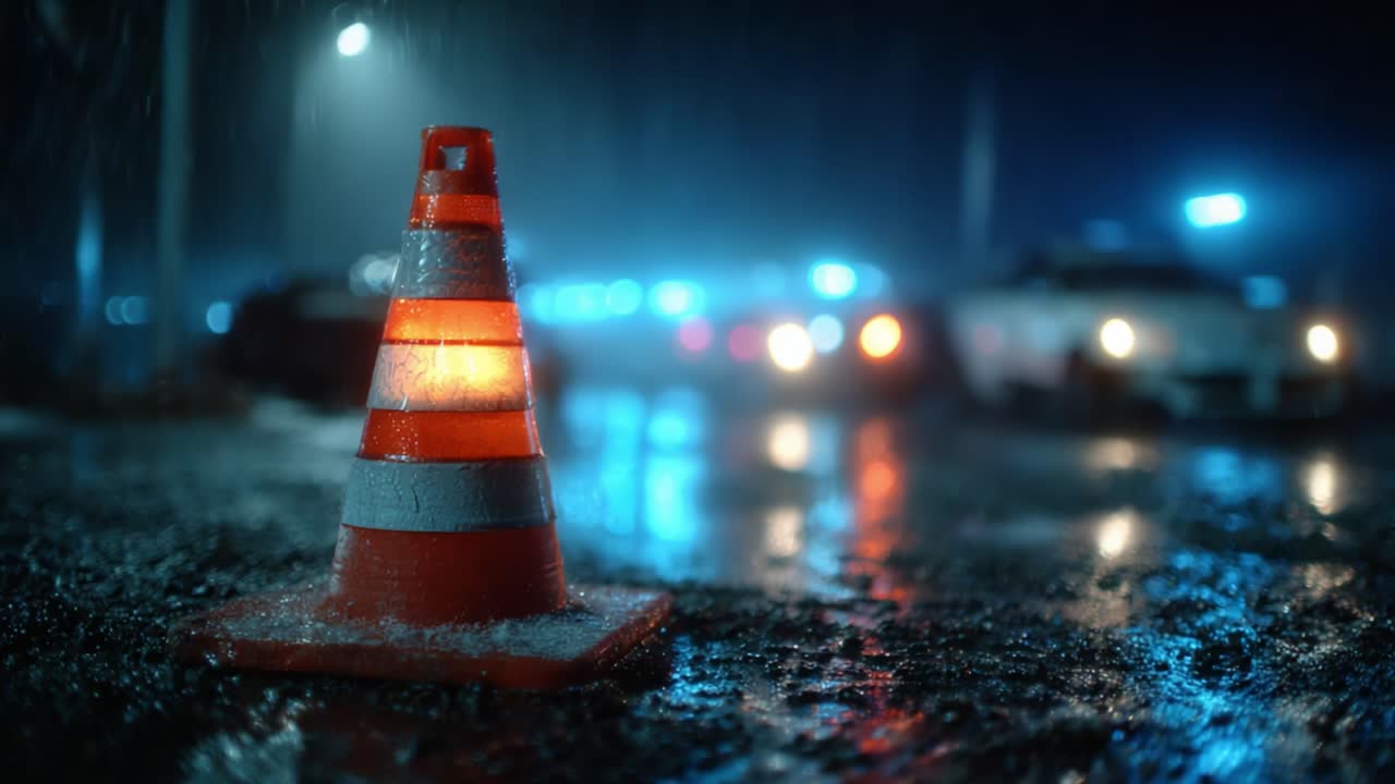 Emergency Response Scene: A Striking Image of a Traffic Cone Illuminated by Police Lights During a Rainy Night, Highlighting Safety and Alertness in Critical Situations