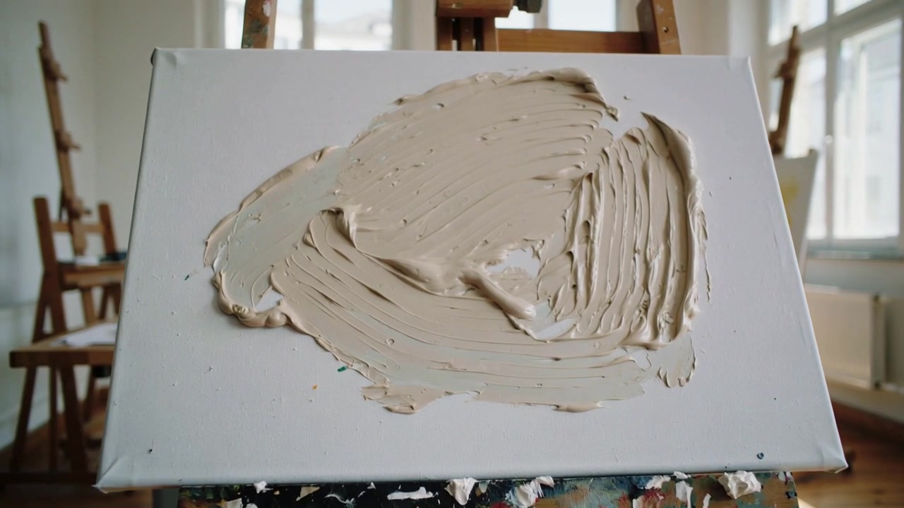Avambraccio in camicia a maniche corte che si protende verso un impasto beige serale su tela su cavalletto in uno studio illuminato dal sole.