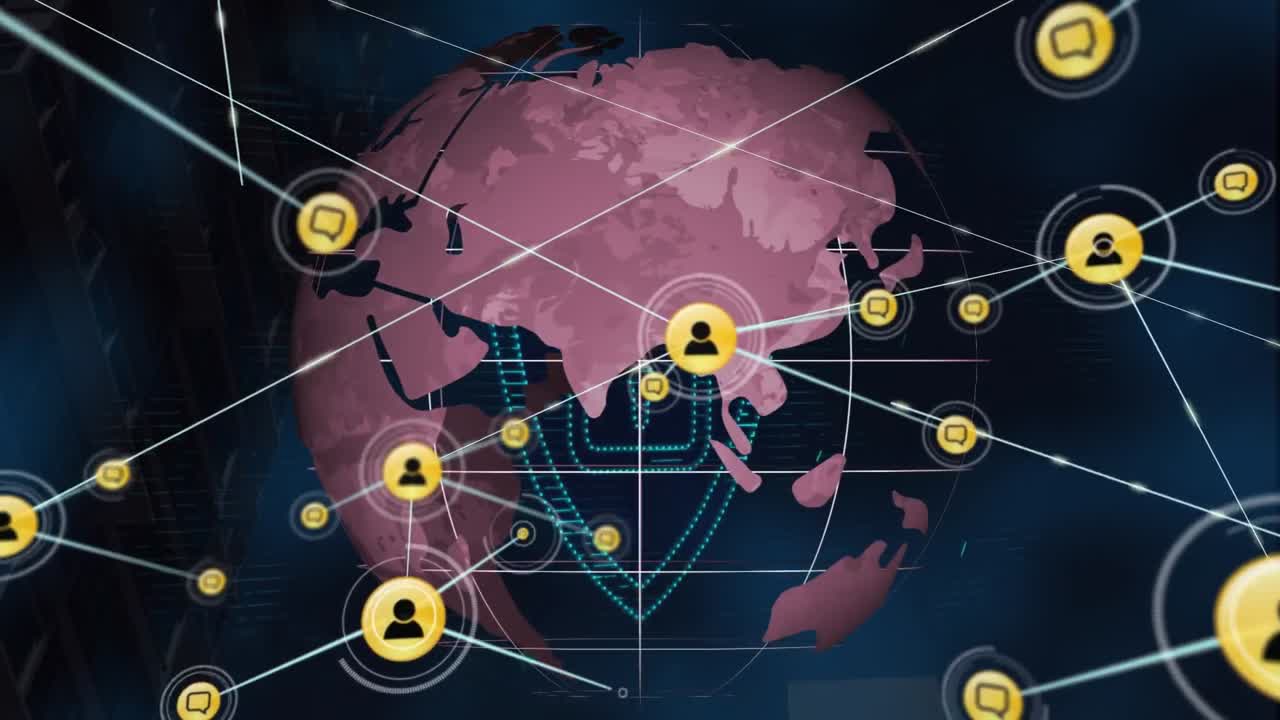 animación del globo con red de personas iconos de intercambio de datos y cerradura