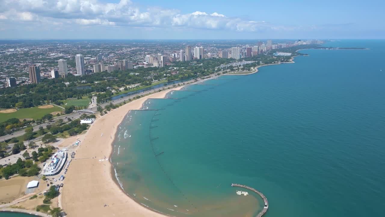 Aerial Skyline footage of downtown Chicago North avenue beach and buildings on a nice sunny day