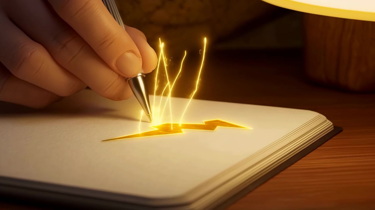 Golden lines grow taller and multiply around the pen tip while a bright lightning symbol remains centered on cream paper, with wooden desk tones and shallow background blur.